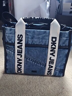 Dkny Blue Denim Tote with Branded White Straps & detatchable shoulder strap.